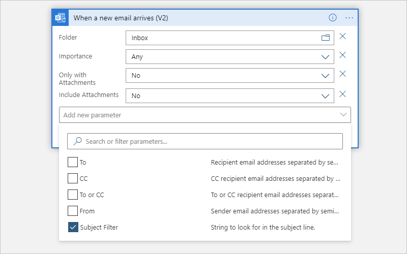 Screenshot that shows the opened "Add new parameter" list with "Subject Filter" selected.