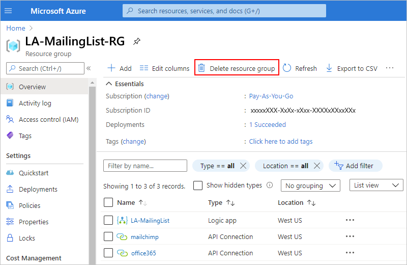 Screenshot that shows the resource group's "Overview" pane and on the pane's toolbar, "Delete resource group" is selected.