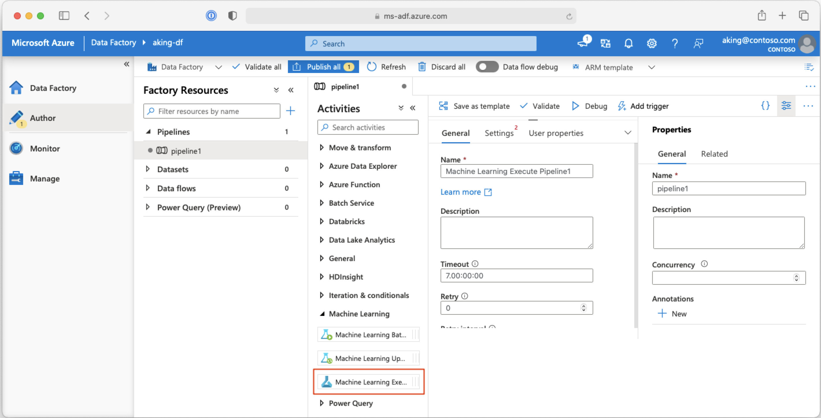 Screenshot showing the ML pipeline activity in the Azure Data Factory authoring environment