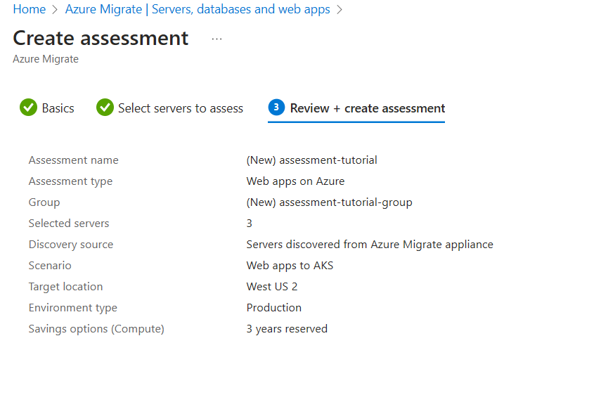 Screenshot of reviewing the high-level assessment details before creation.