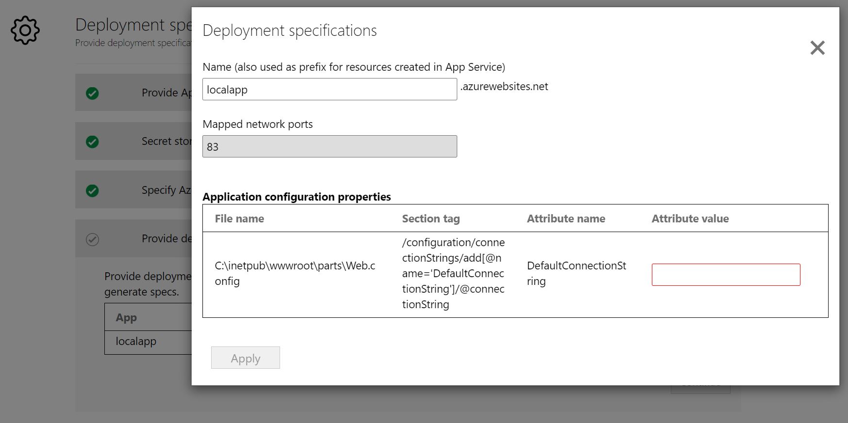 Screenshot that shows the deployment configuration.