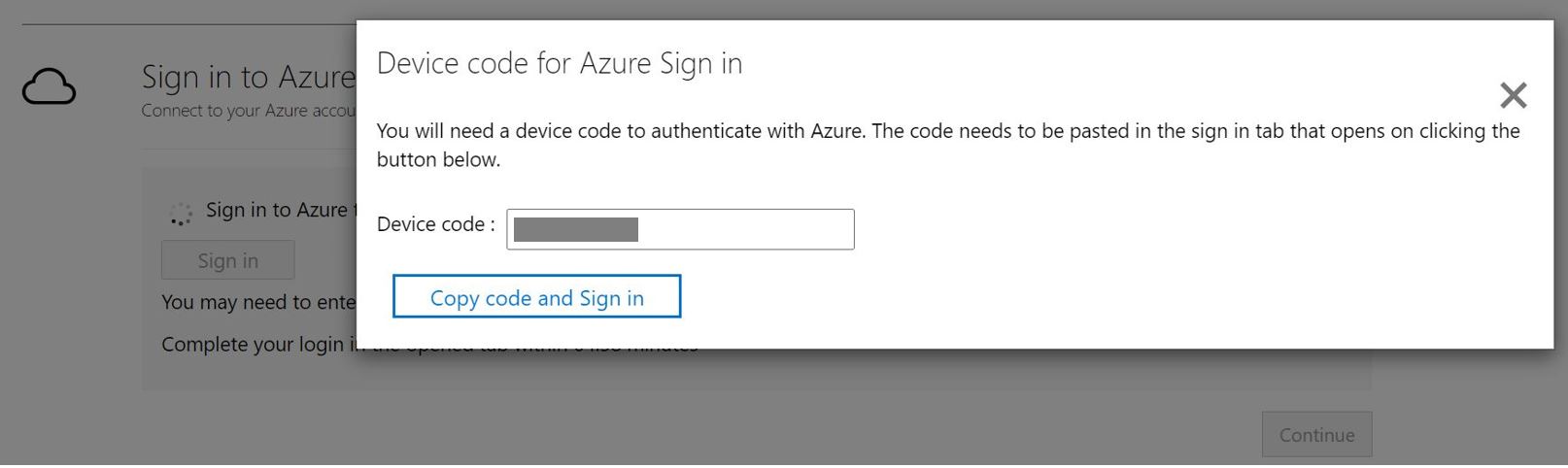 Screenshot that shows the Device code for Azure Sign in window.