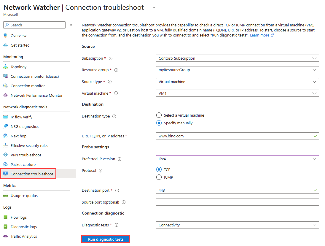 Screenshot of Network Watcher connection troubleshoot in Azure portal to test the connection between a virtual machines and Microsoft Bing search engine.