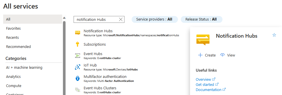 A screenshot showing how to filter for notification hubs.