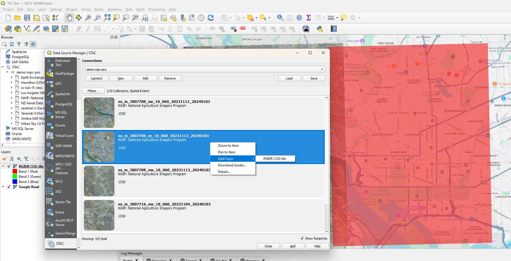 Screenshot of the COG asset selection ready to add as a layer in QGIS.