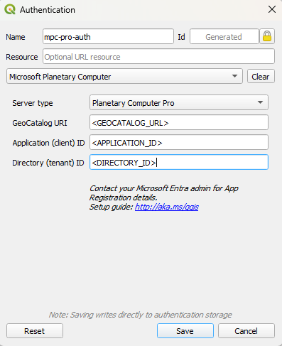 Screenshot of the completed STAC authentication settings with client and tenant IDs populated.