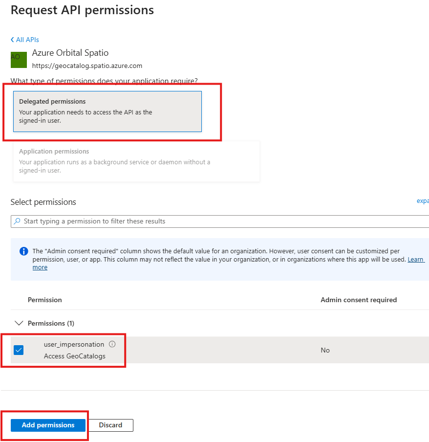 Screenshot of the Request API permissions dialog with the user_impersonation delegated scope selected.