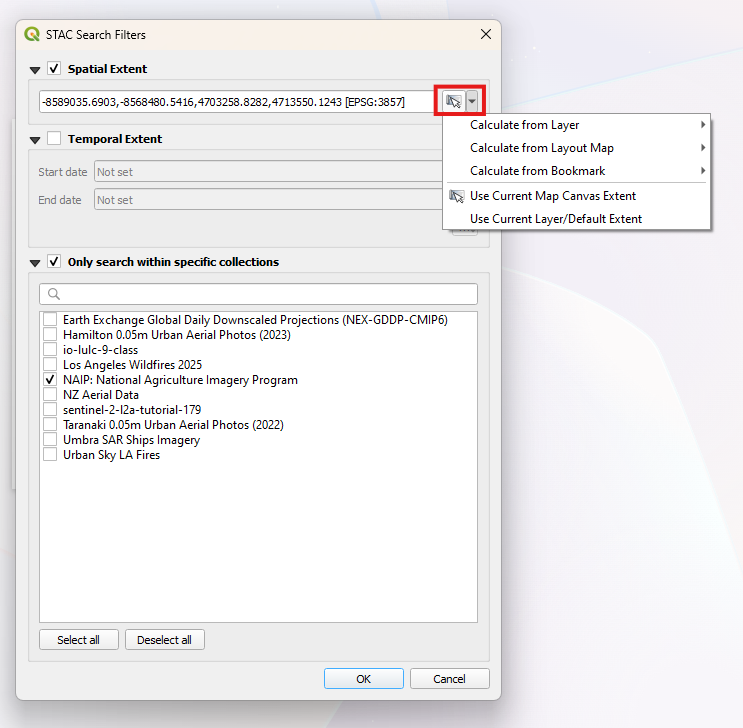 Screenshot of the STAC query dialog with a spatial extent filter applied.