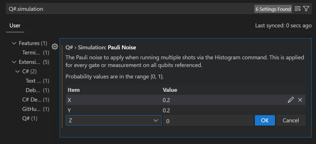 Screen shot that shows the global Q# noise settings for the QDK extension in VS Code.