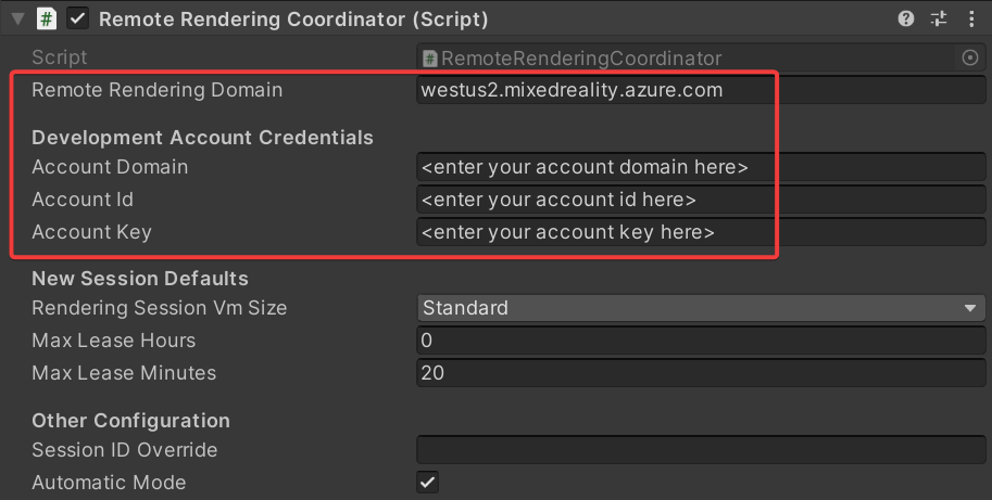 Screenshot of the Unity inspector of the Remote Rendering Coordinator Script. The credential input fields are highlighted.