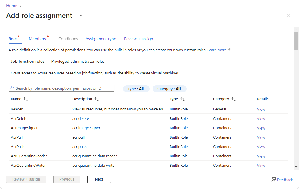 Screenshot of role assignment page in Azure portal.