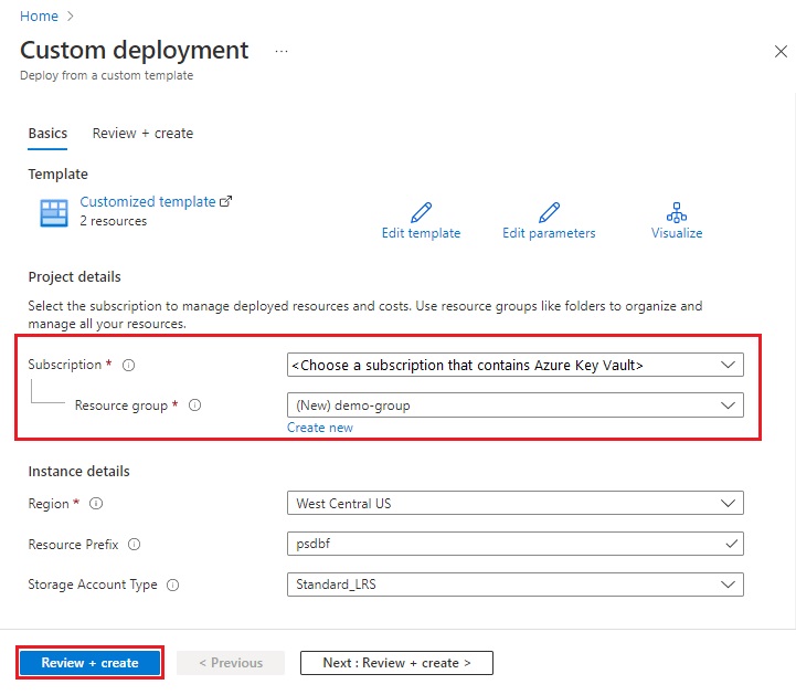 Screenshot of the ARM template page in Azure portal.