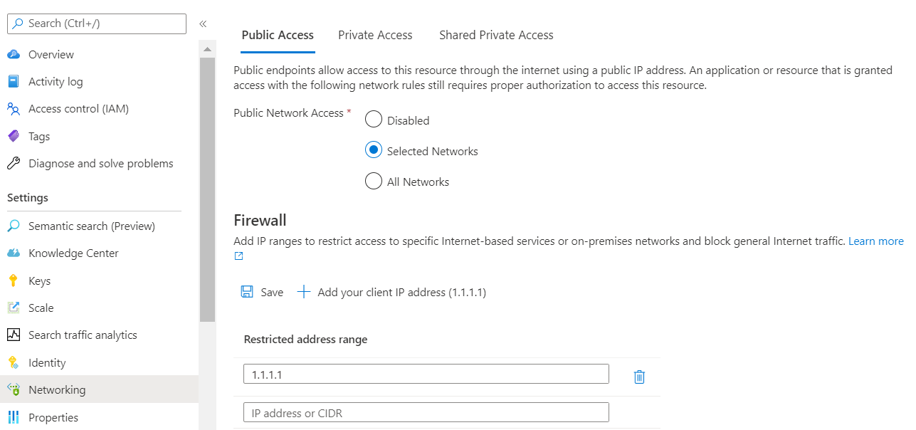 Screenshot showing how to configure the IP firewall in the Azure portal.