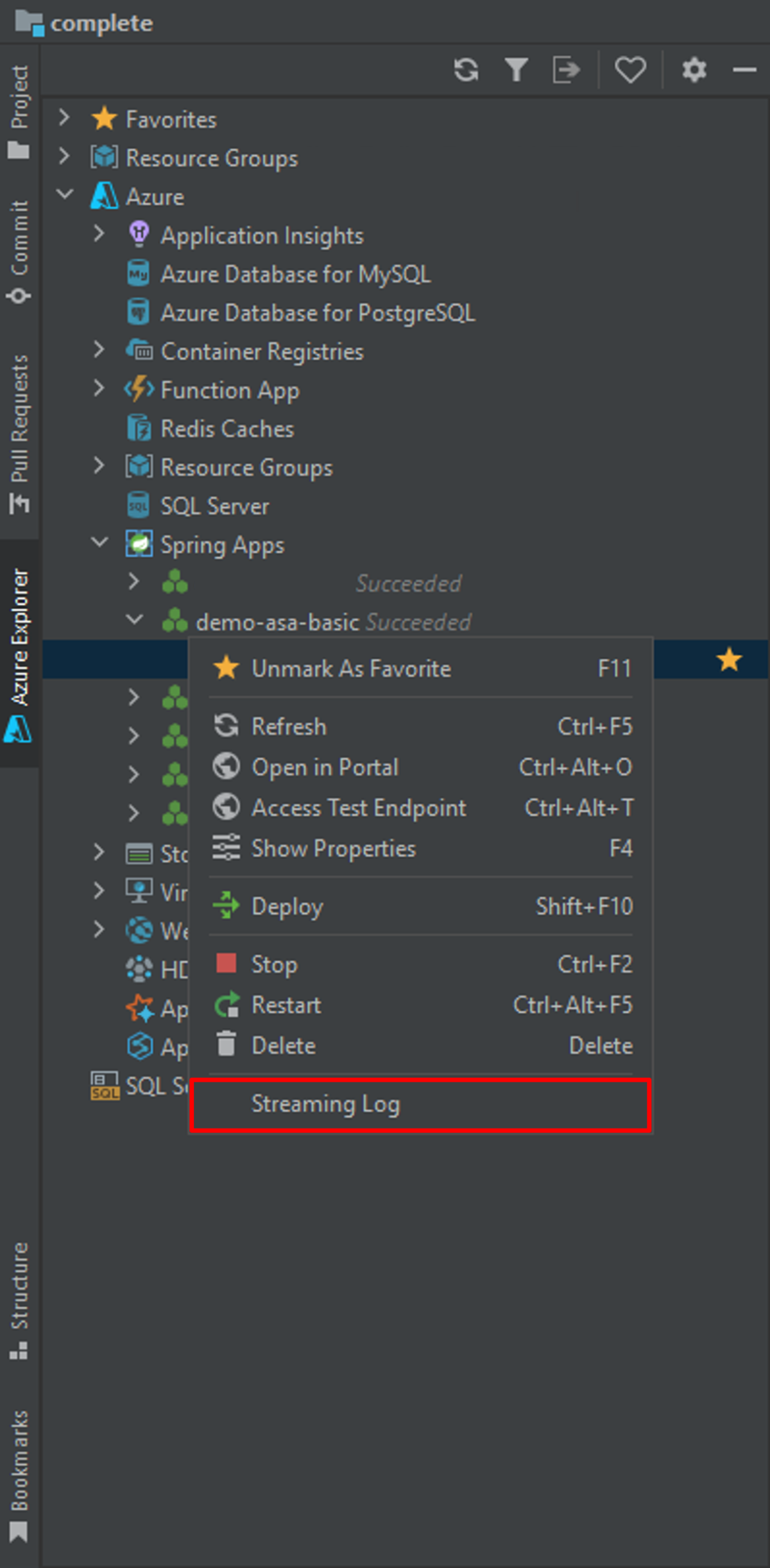 Screenshot of IntelliJ that shows the Azure Explorer pane with the context menu open and the Streaming Logs option highlighted.