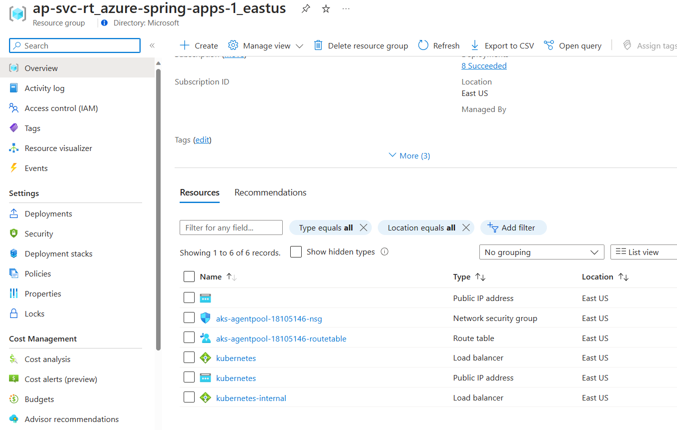 Screenshot of the Azure portal showing the resources for the service runtime.