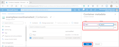 Screenshot showing how to update container metadata within the Azure portal.