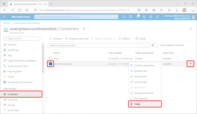 Screenshot showing how to delete a container within the Azure portal.