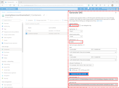 Screenshot showing how to generate a SAS for a container within the Azure portal.