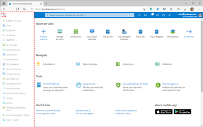 Screenshot of the Azure portal homepage showing the location of the Menu button in the browser.