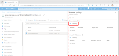 Screenshot showing how to add a stored access policy in the Azure portal.
