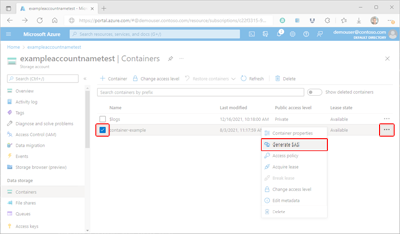 Screenshot showing how to access container shared access signature settings in the Azure portal.