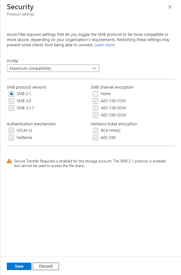 A screenshot showing the dialog to change the SMB security settings for SMB protocol versions, SMB channel encryption, authentication mechanisms, and Kerberos ticket encryption.
