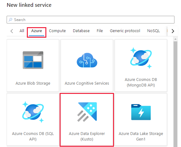 Screenshot of the new Linked services pane, showing the list of available services and highlighting the add new Azure Data Explorer service.