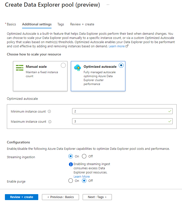 Enable streaming ingestion while creating a Data Explorer pool in Azure Synapse Data Explorer.