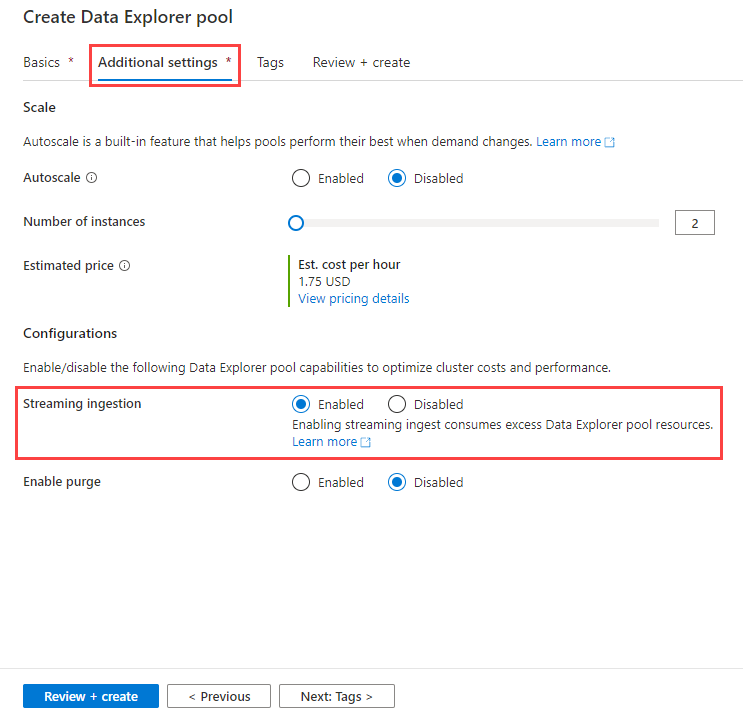 Enable streaming ingestion while creating a Data Explorer pool in Azure Synapse Data Explorer.