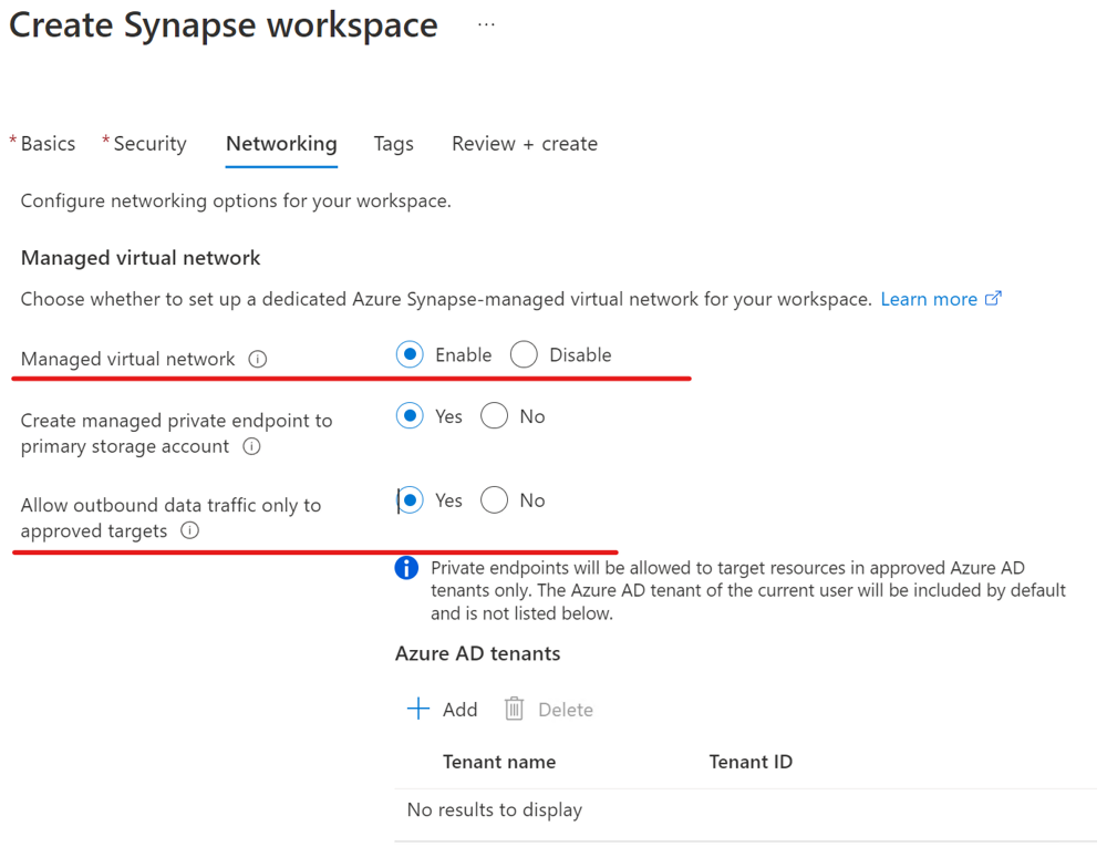 Screenshot that shows how to create an Azure Synapse workspace that disallows outbound traffic.
