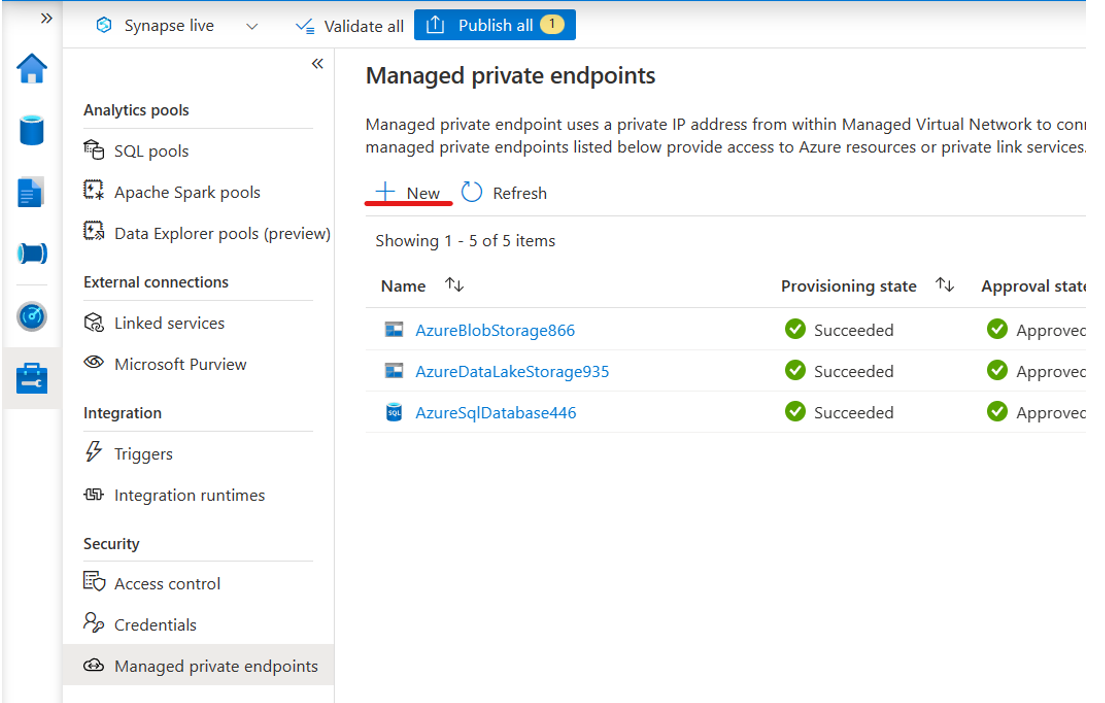 Screenshot of managed private endpoints pane.
