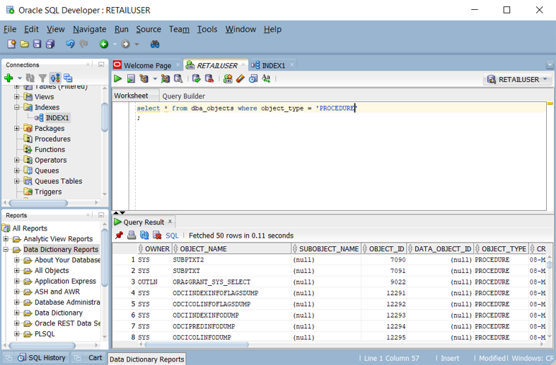 Screenshot showing how to query for a list of stored procedures in Oracle SQL Developer.
