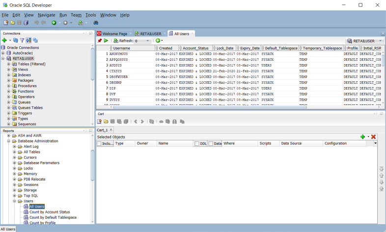 Screenshot showing the Reports pane for user roles in Oracle SQL Developer.
