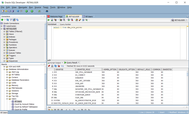 Screenshot showing the Reports pane for user access rights in Oracle SQL Developer.