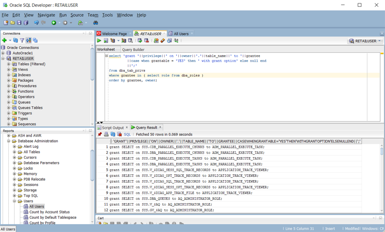 Screenshot showing how to create a script of CREATE and GRANT statements in Oracle SQL Developer.
