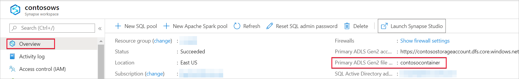 Screenshot of the Azure portal showing the name of the ADLS Gen2 storage file 'contosocontainer'.