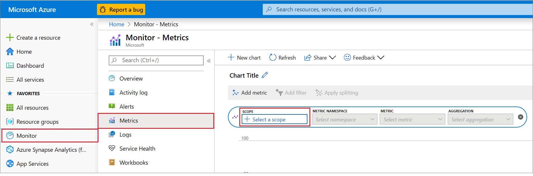 Screenshot shows Select a scope selected from Metrics in the Azure portal.