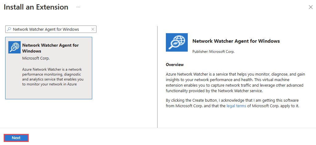 Screenshot that shows how to install Network Watcher Agent for Windows in the Azure portal.