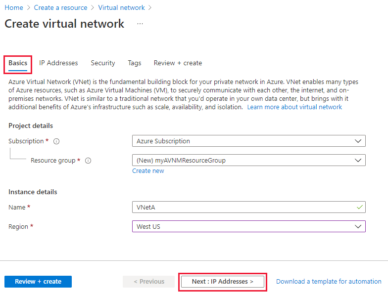 Screenshot of create a virtual network basics page.