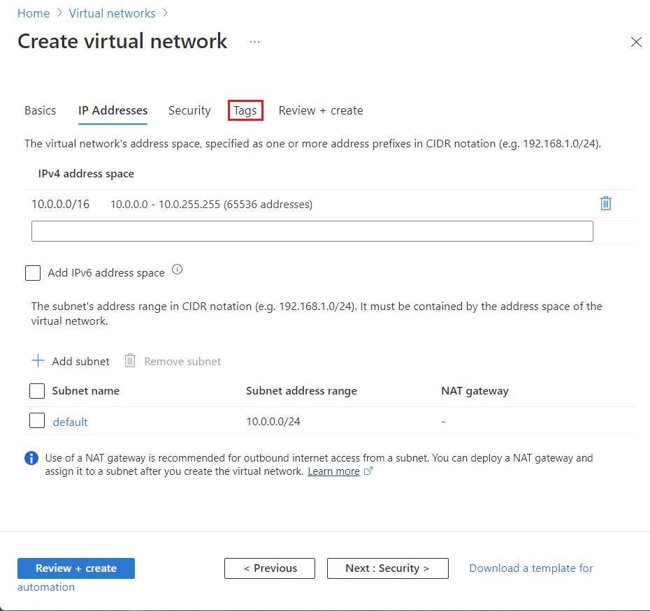 Screenshot of create a virtual network ip addresses page.