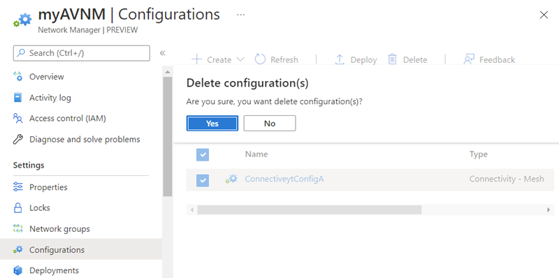 Screenshot of delete button for a connectivity configuration.