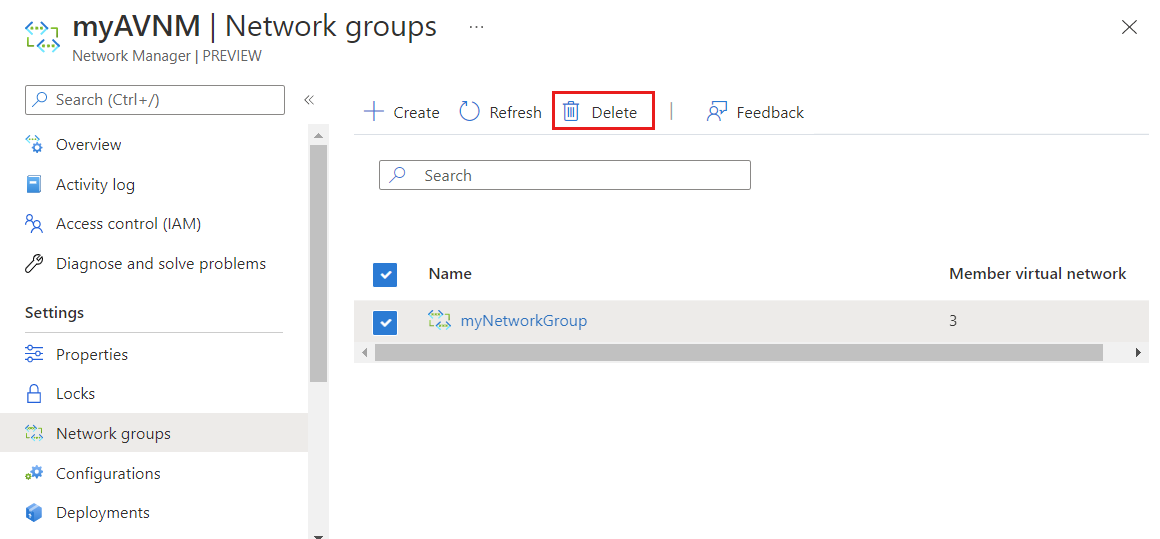 Screenshot of delete a network group button.