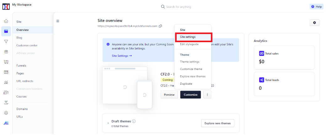 Go to site settings in click funnels 2.0.
