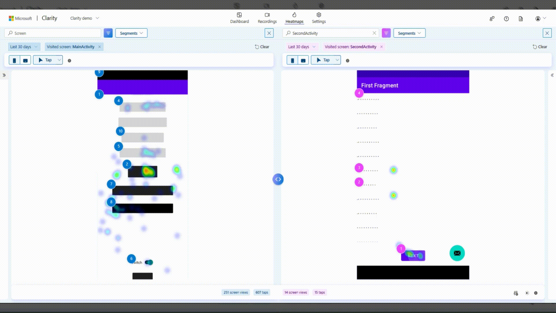 View taps data in compare mode.