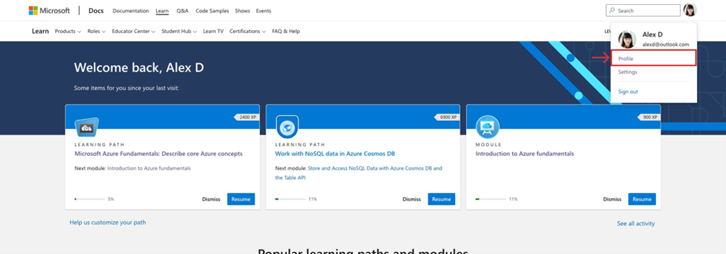 Microsoft Learn-webside, der viser rullemenu fra Learn-profilfoto avatar med Profilvalg fremhævet.