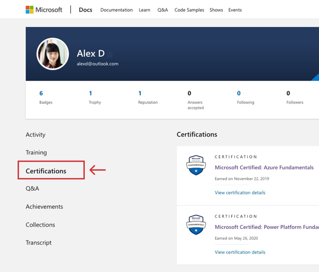 Microsoft Learn-profilskærmbillede med fanen Certificeringer fremhævet i navigationen.