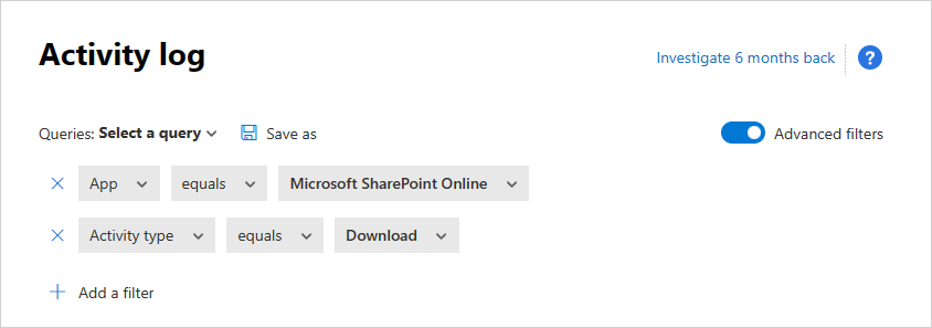 Skærmbillede, der viser filteret for den avancerede aktivitetslog.