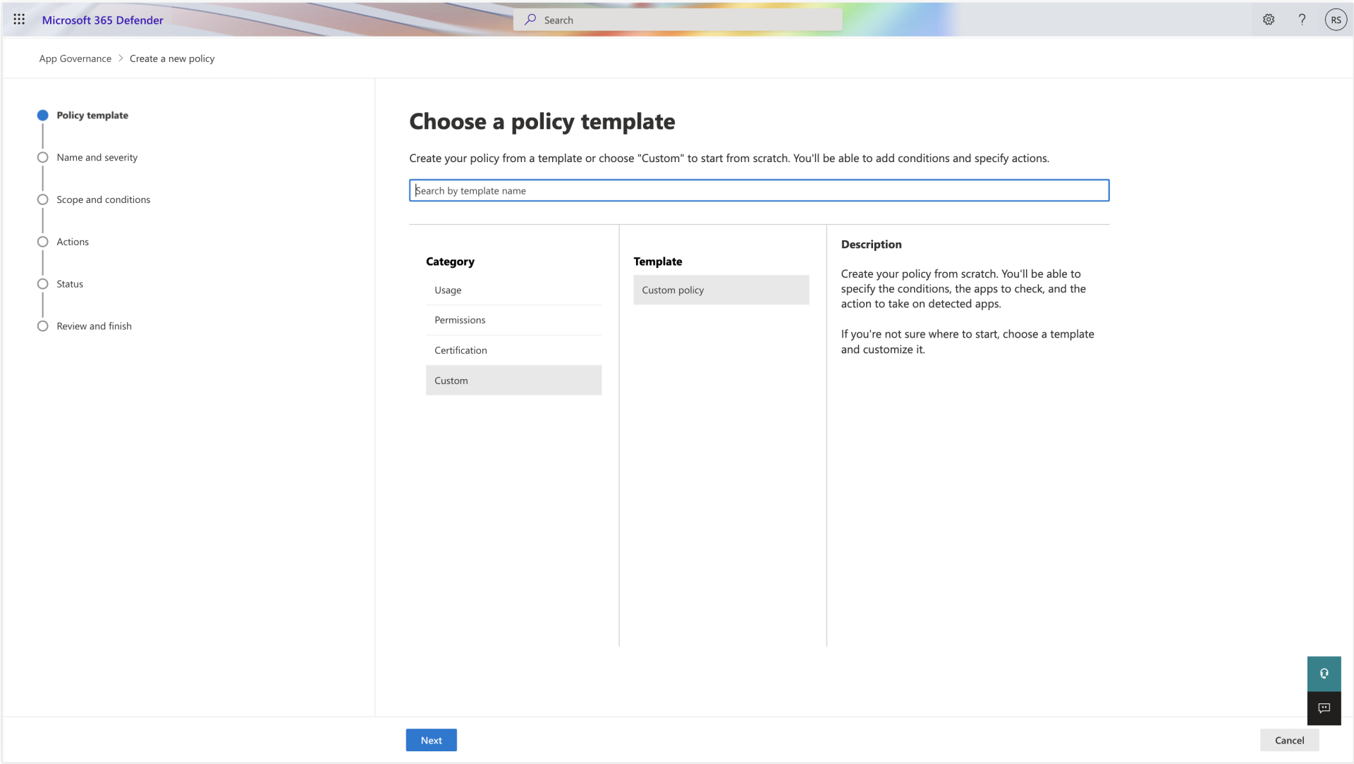 Screenshot of the policy template page.
