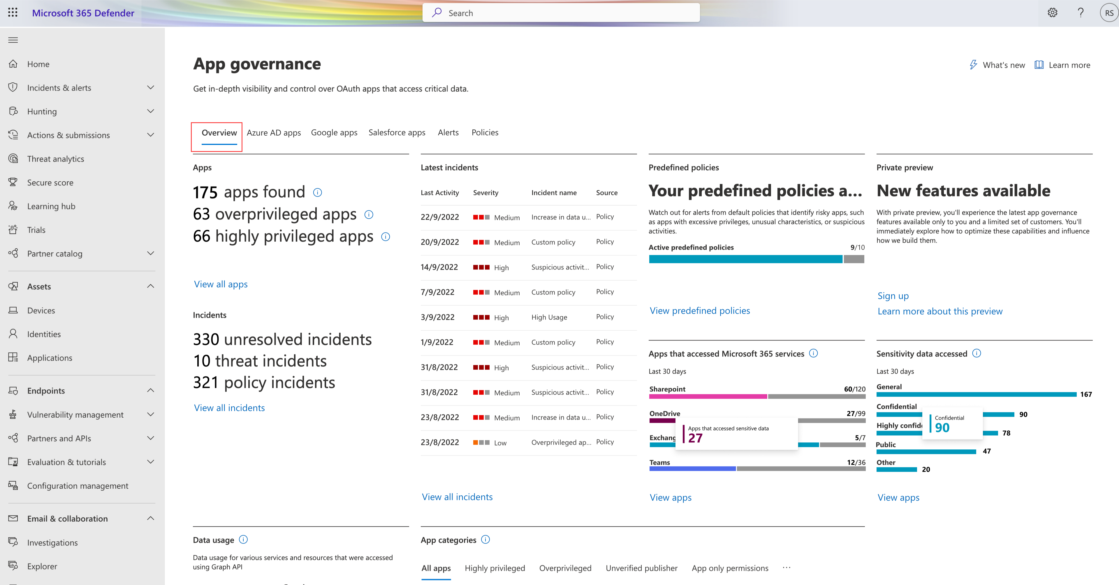 Screenshot of the App governance overview page in Microsoft Defender XDR.