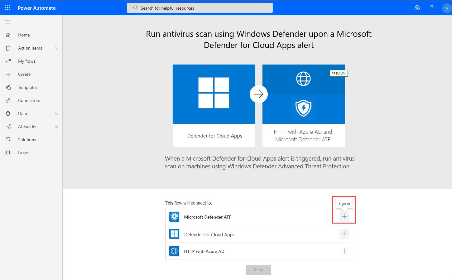 Screenshot of the templates Power Automate page, showing the sign-in process.